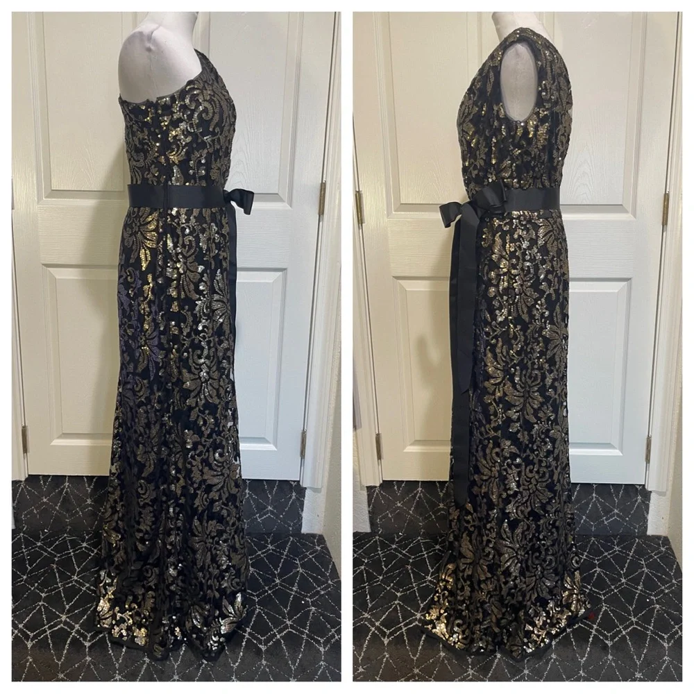 Tadashi Shoji One-Shoulder Dress in Black and Gold - Picture 3 of 8